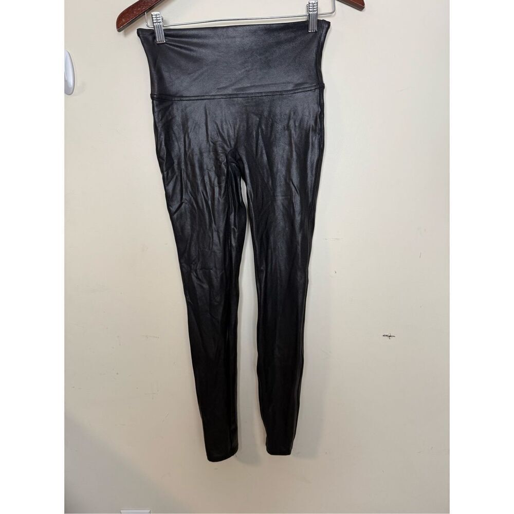 Spanx Leggings Size Medium Shine Faux Slick Leather Stretch Power Waistband 2437